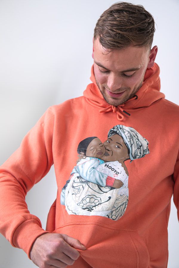 Hoody Man with HEAD Front Print MAMA AFRICA comes in Salmon. - Image 3